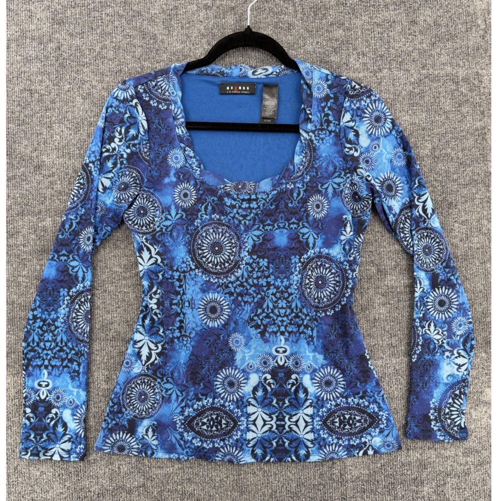 Y2K Blue Floral Sheer Mesh Long Sleeve Top Fairycore Indie Sleeze Boho Sz Small